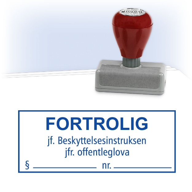 Stempel for sikkerhetsgradering, FORTROLIG. jf. Beskyttelsesintruksen og offentleglova. Paragraf kan skrives med penn