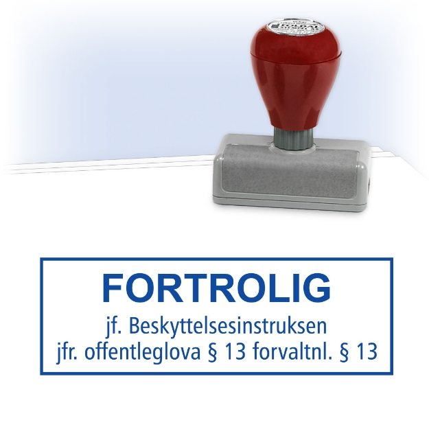 Stempel for sikkerhetsgradering, FORTROLIG. jf. Beskyttelsesintruksen, jfr offentleglova § 13, forvaltningslova § 13