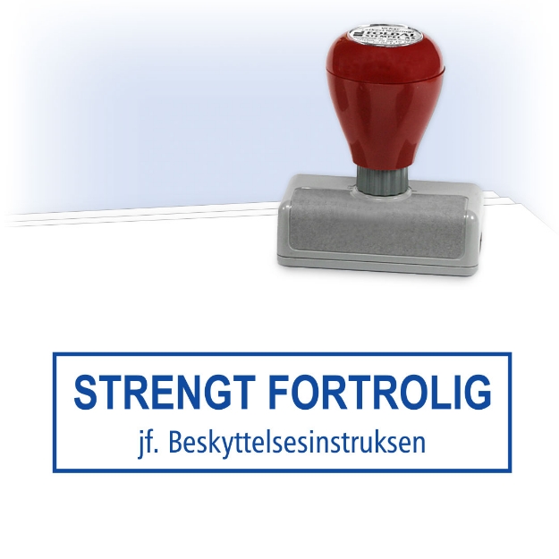 Stempel for sikkerhetsgradering, STRENGT FORTROLIG. jf. Beskyttelsesintruksen