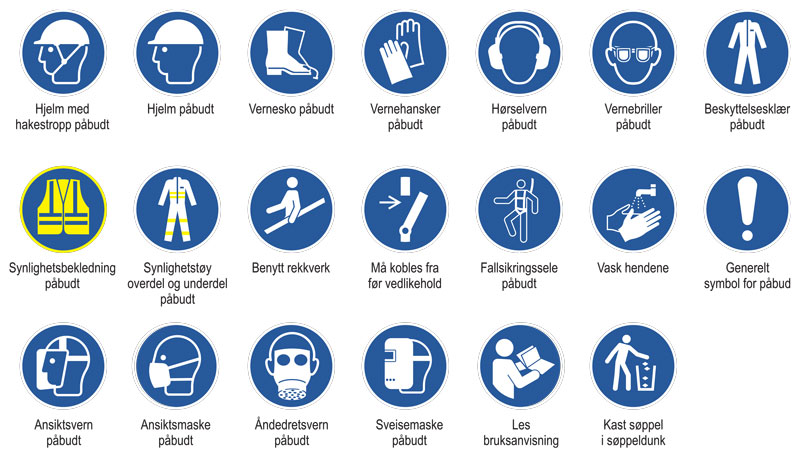 Oversikt over alle skilt symboler for påbud på arbeidsplassen